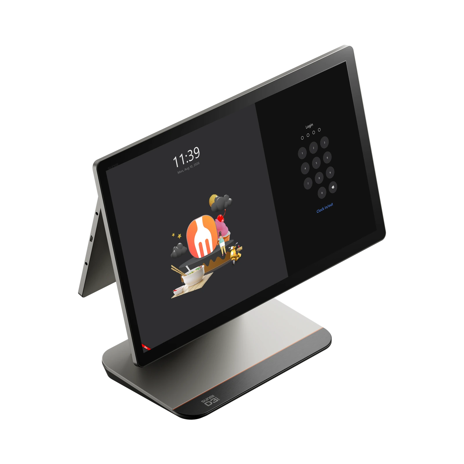 SUNMI D3 Pro front-left view displaying the original FeedMe login design