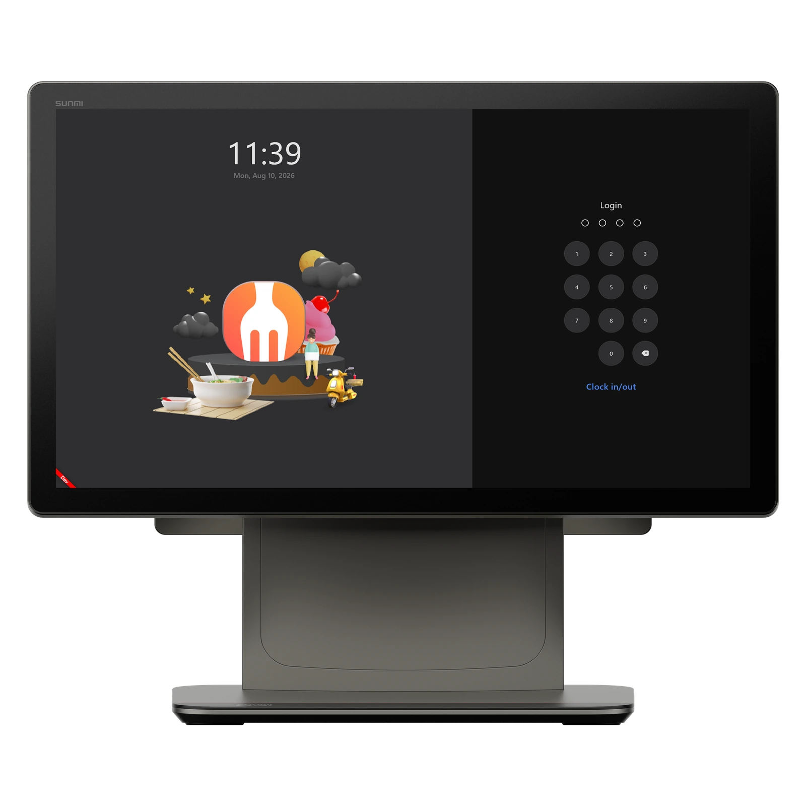 SUNMI D3 Pro front view displaying the original FeedMe login design
