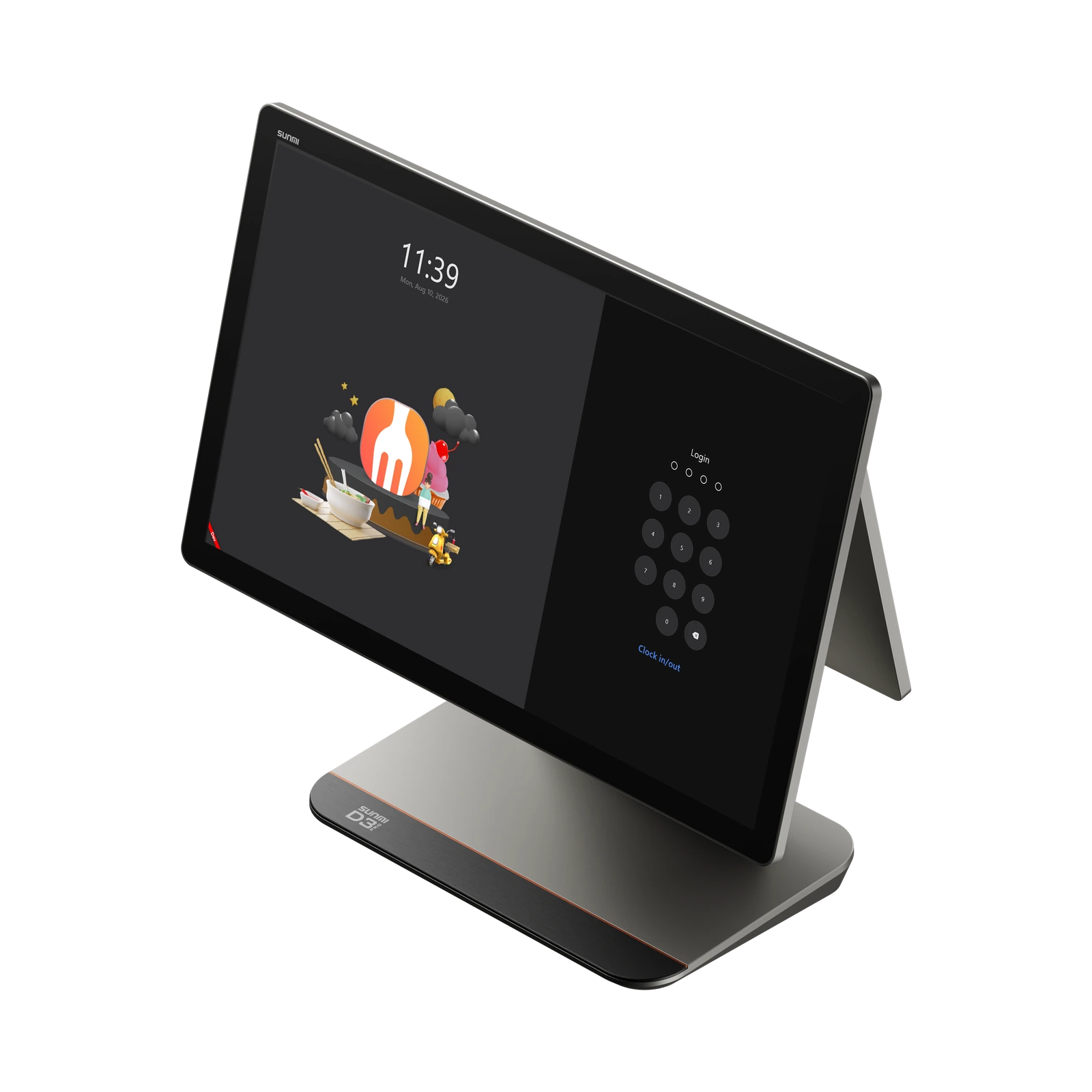 SUNMI D3 Pro front-right view displaying the original FeedMe login design