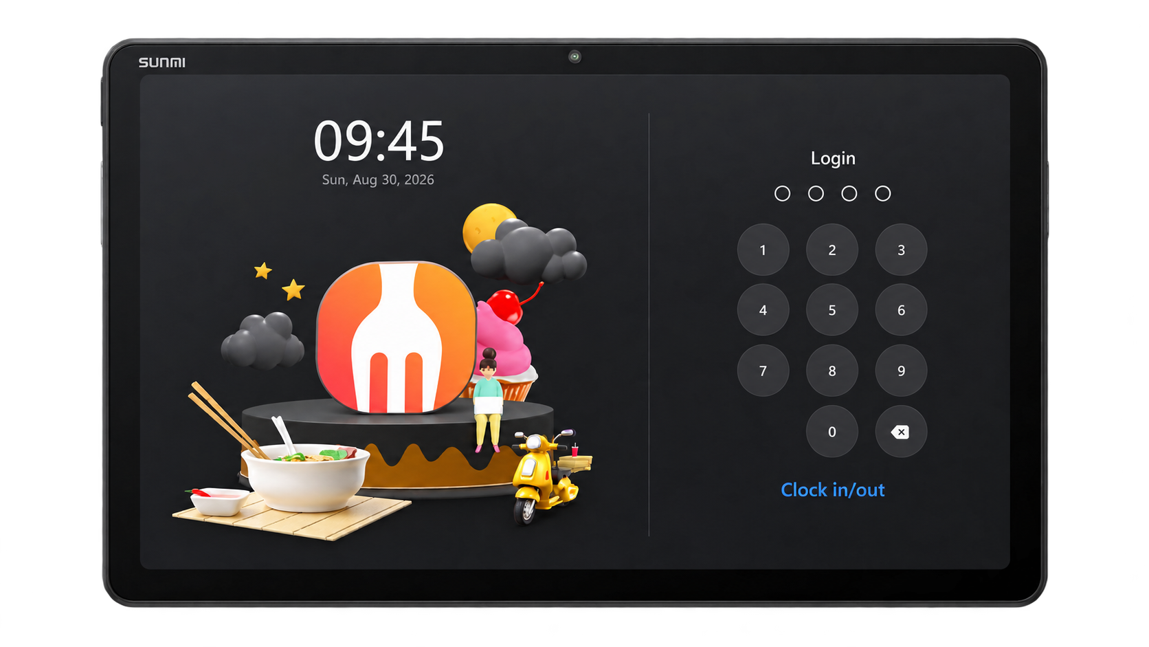 Front view of the SUNMI CPad showing the FeedMe login screen