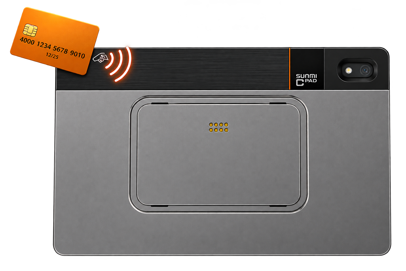 Rear view of the SUNMI CPad demonstrating the built-in NFC card tap