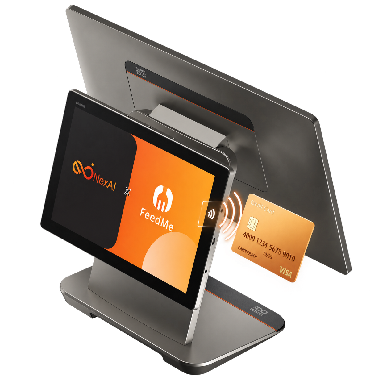 SUNMI D3 Pro customer display showing NexAI and FeedMe with contactless card payment