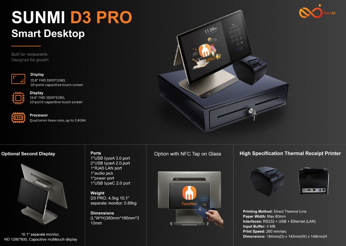 SUNMI D3 Pro bundle with dual display, receipt printer and cash drawer