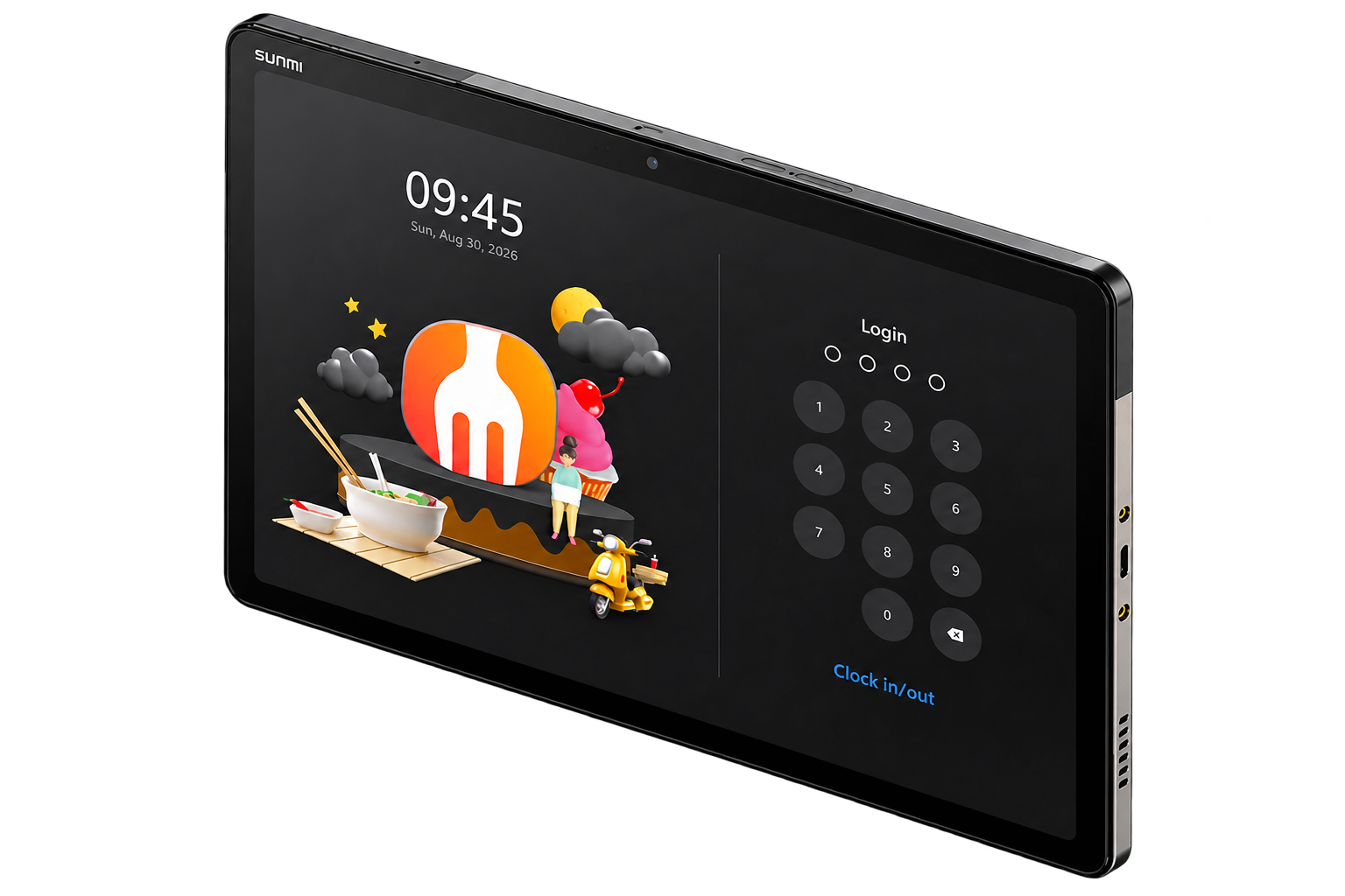 SUNMI CPad 11 front view showing the FeedMe login screen