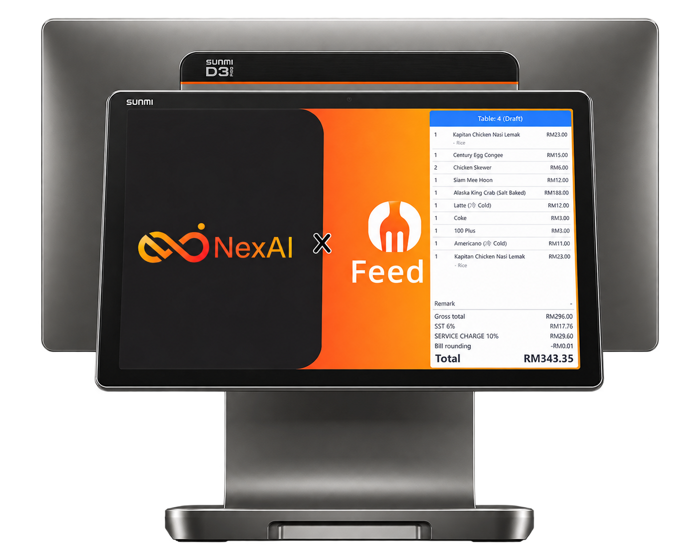 SUNMI D3 Pro rear customer display showing the updated NexAI and FeedMe order design
