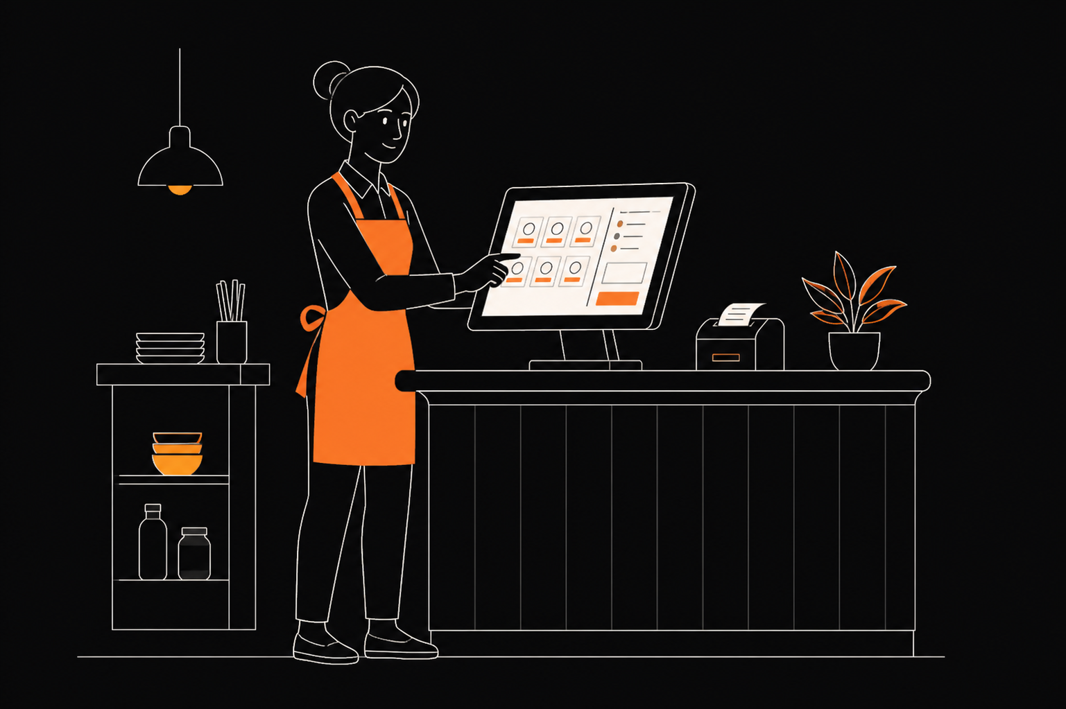 Woman operating a restaurant POS system at a cashier counter