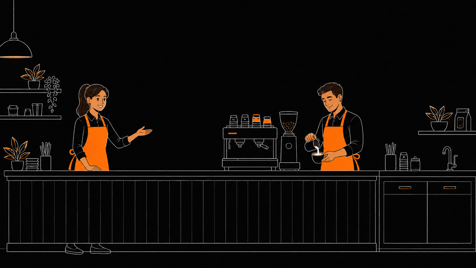 Cartoon café with a ponytail woman cashier and male barista