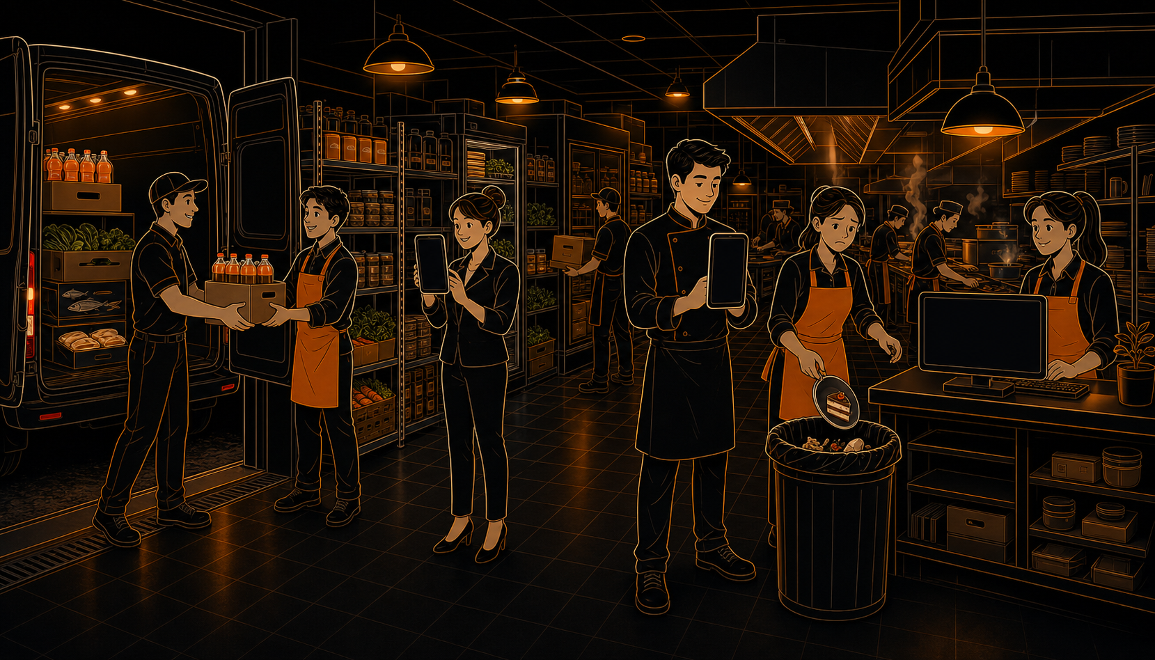 Busy cartoon back kitchen receiving and managing restaurant stock
