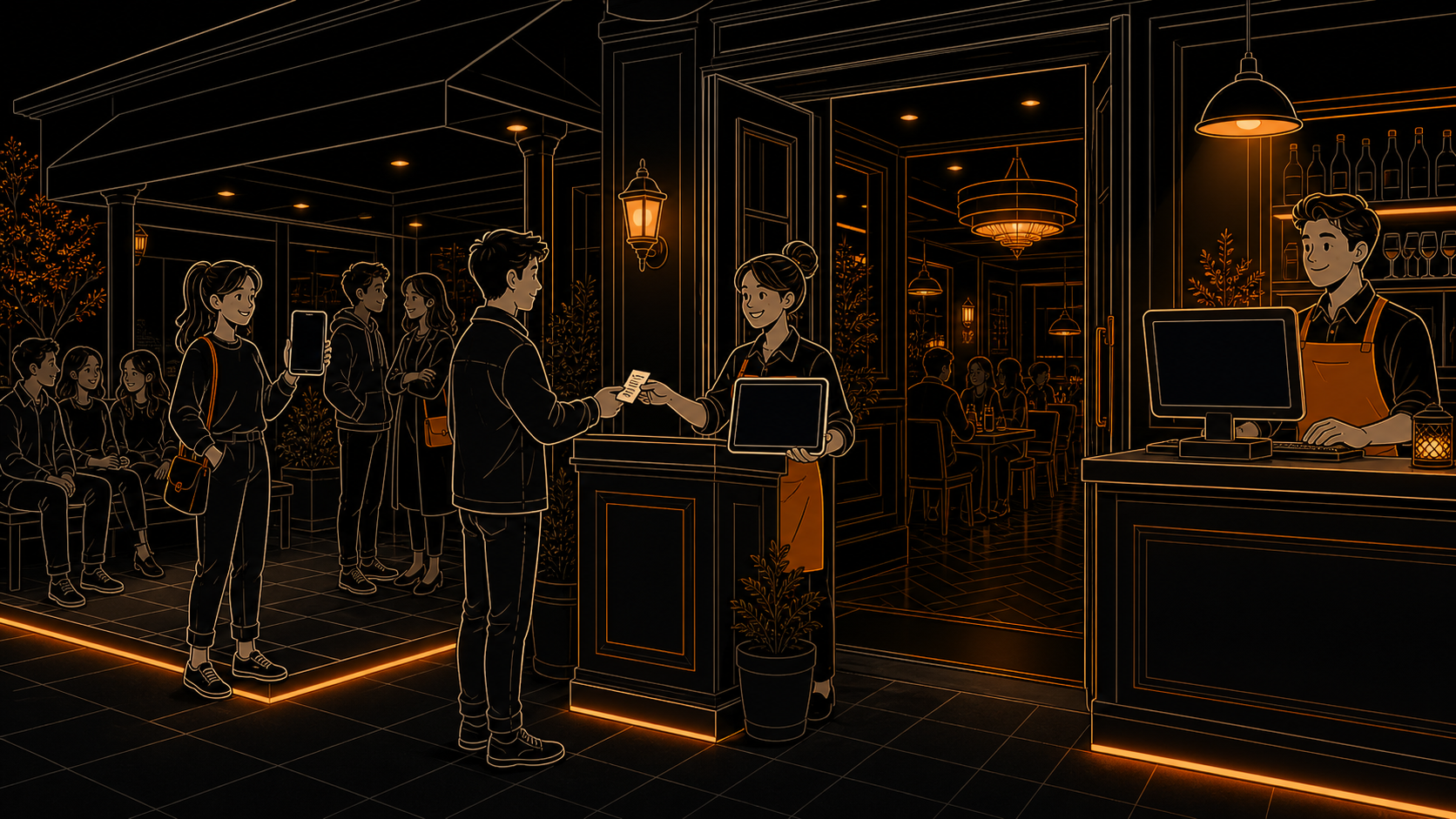 Cartoon restaurant entrance with queue reception and waiting customers